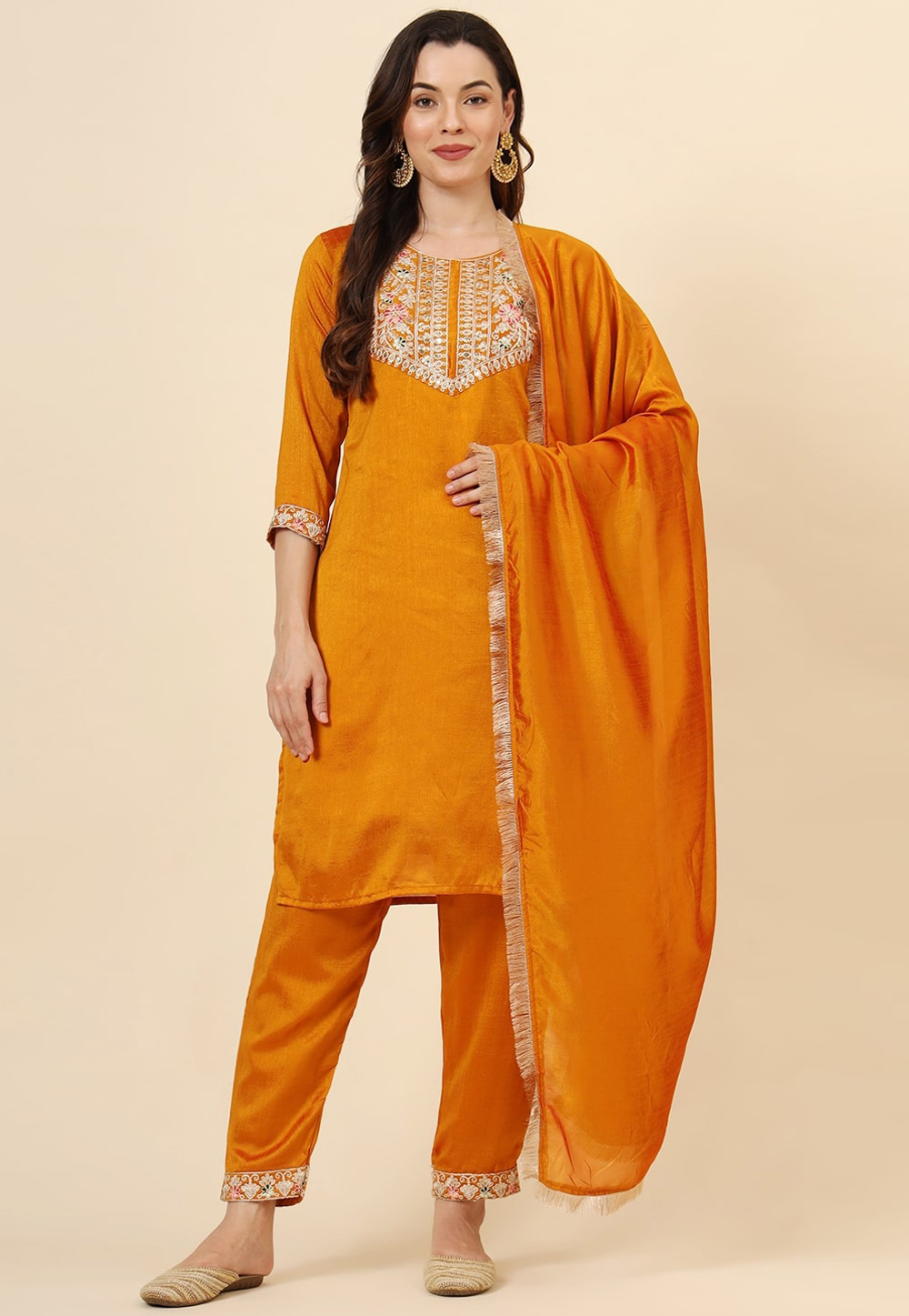 Orange Silk Readymade Pant Style Suit 311624