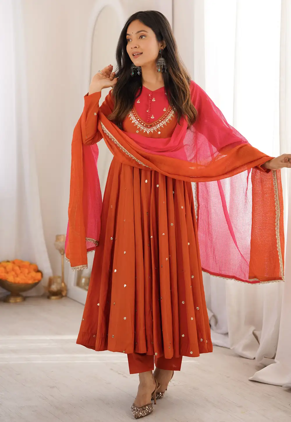Orange Silk Readymade Pant Style Suit 330751