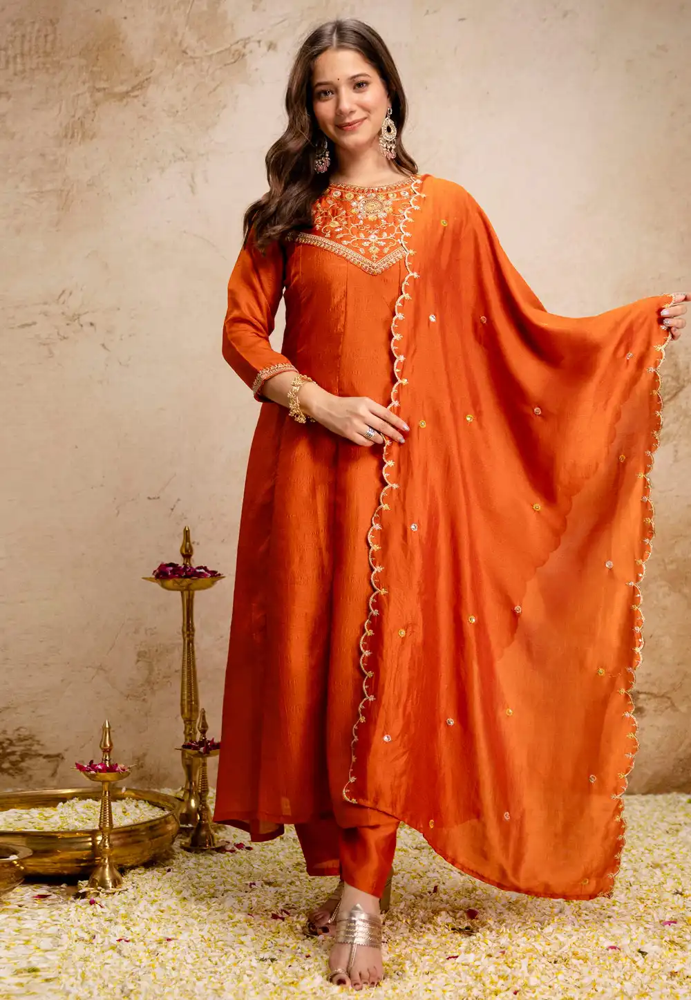 Orange Silk Readymade Pant Style Suit 327158