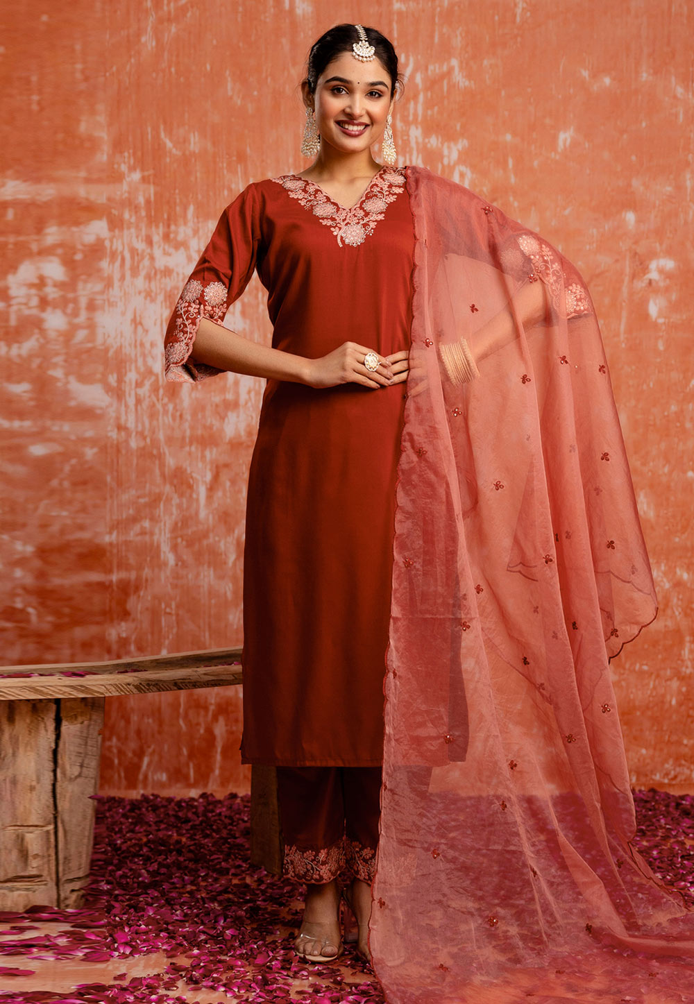 Orange Silk Readymade Pant Style Suit 309560