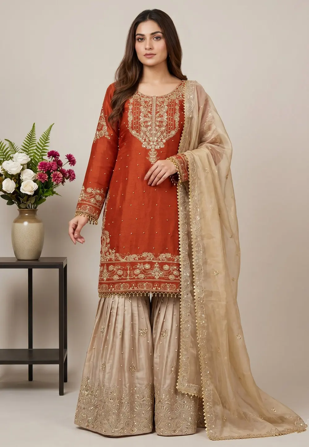 Orange Silk Readymade Sharara Suit 331997