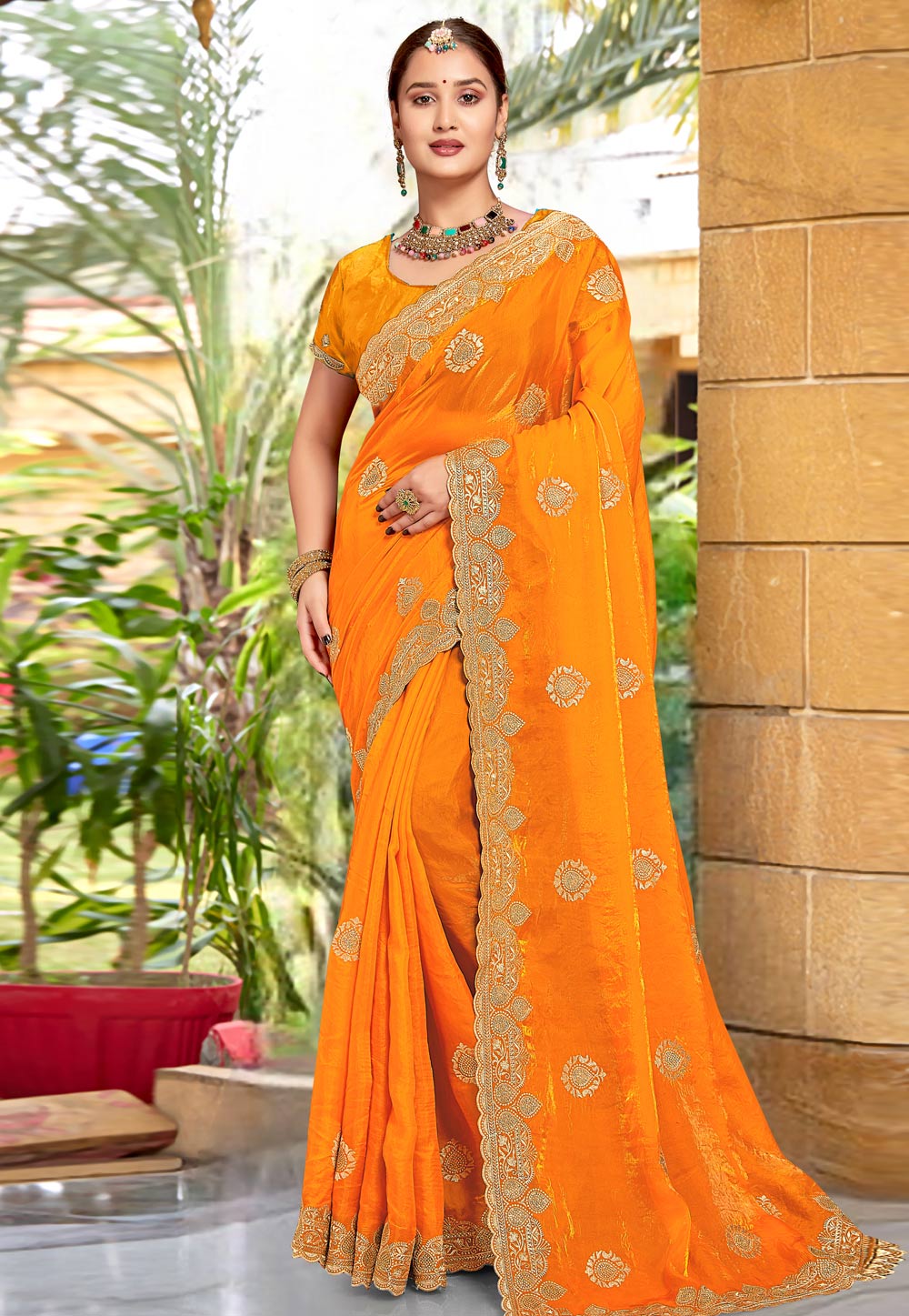 Orange Silk Saree With Blouse 307405