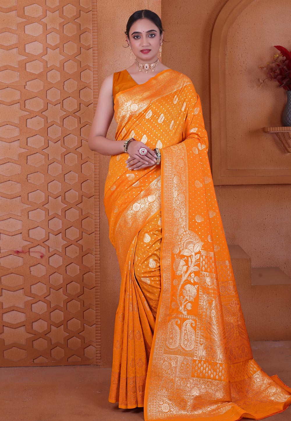Orange Silk Saree With Blouse 312303