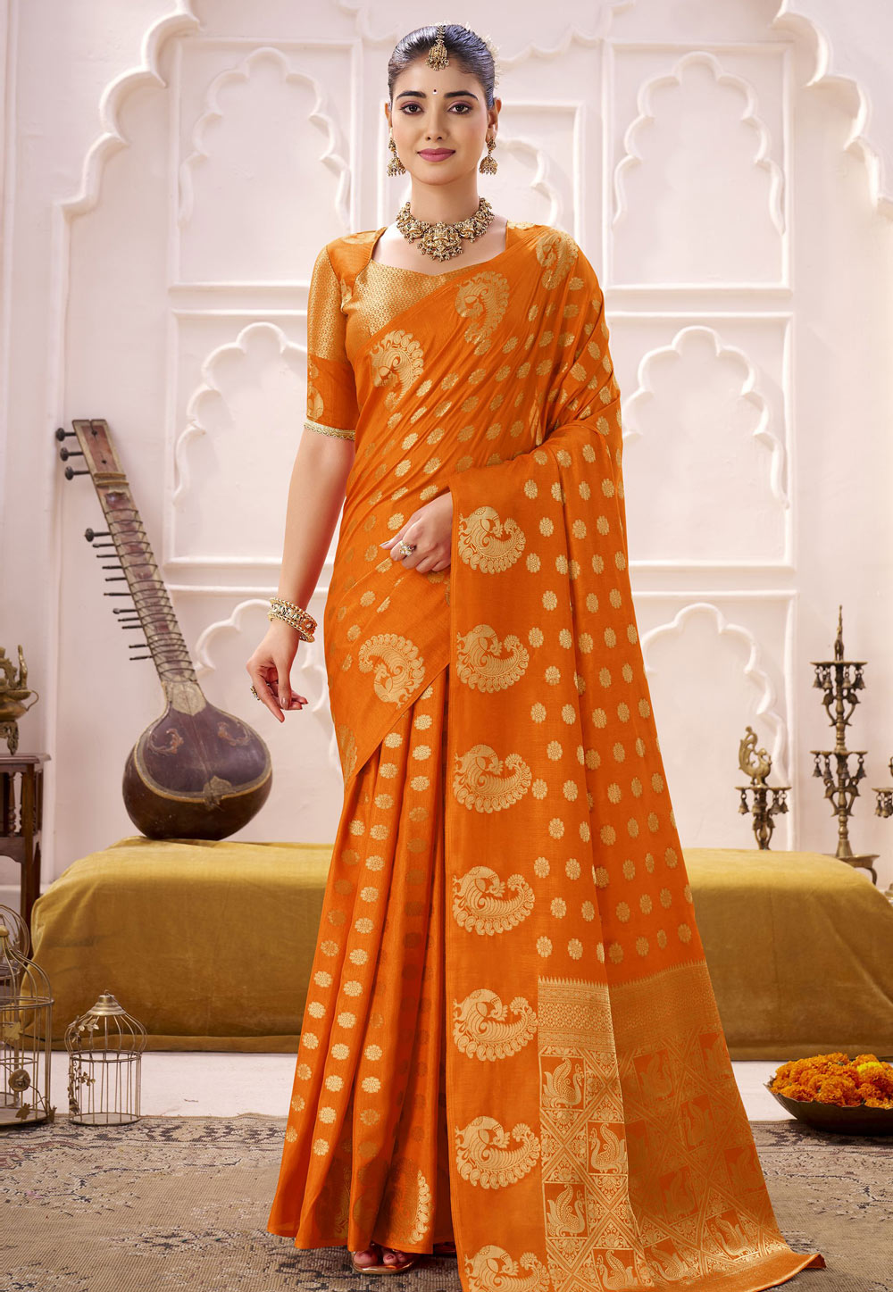 Orange Silk Saree With Blouse 321330