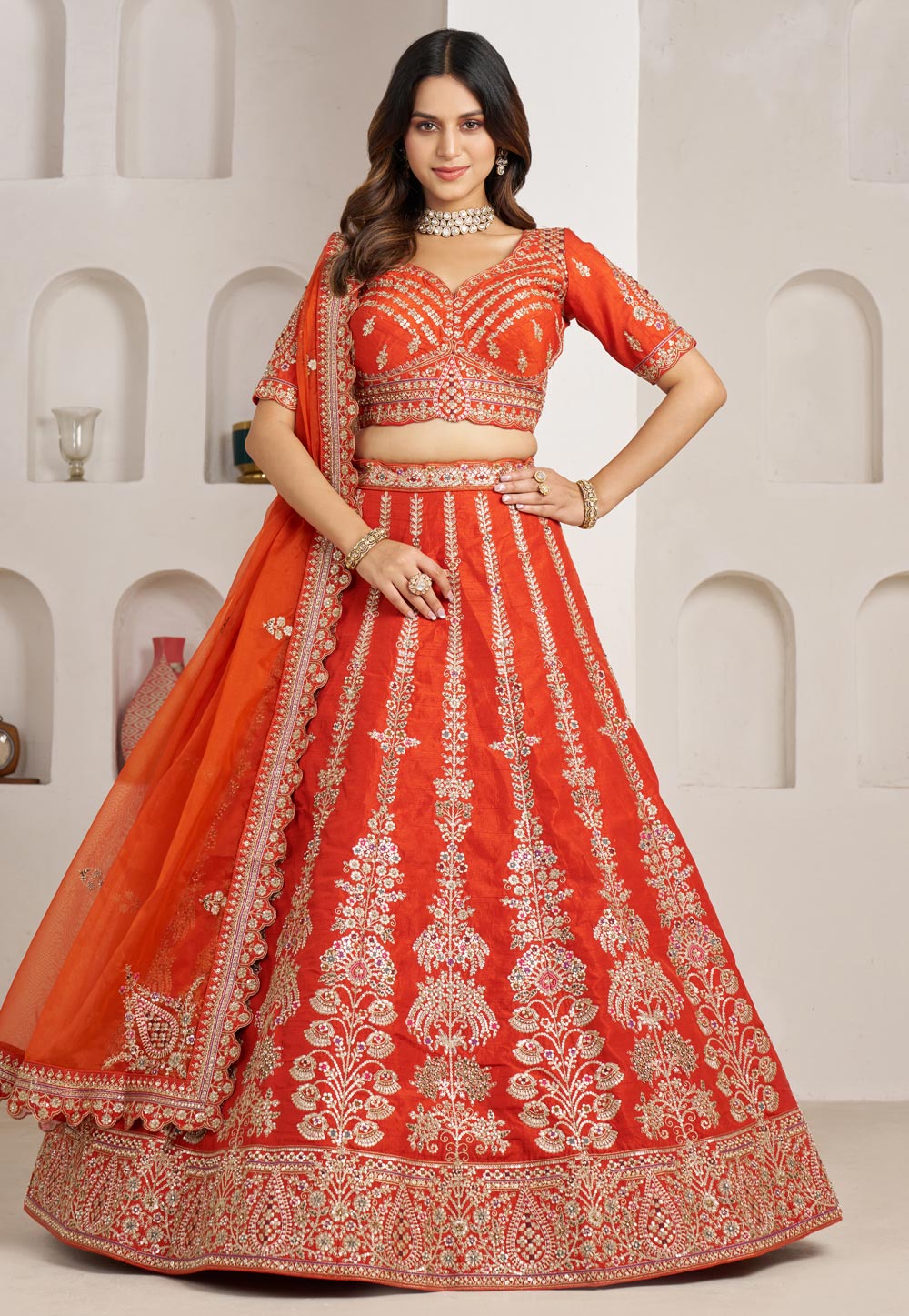 Orange Silk Wedding Lehenga Choli 329395