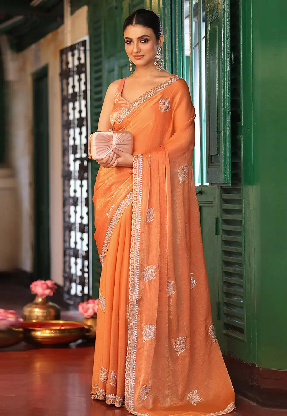 Orange Tissue Saree With Blouse 319844