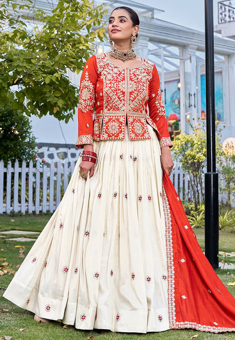 Orange Tissue Silk Readymade Indo Western Lehenga Choli 326617