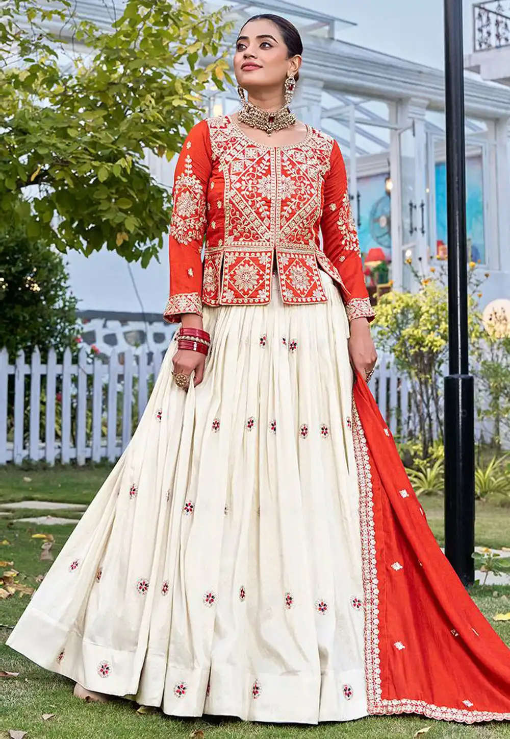 Orange Tissue Silk Readymade Indo Western Lehenga Choli 326617
