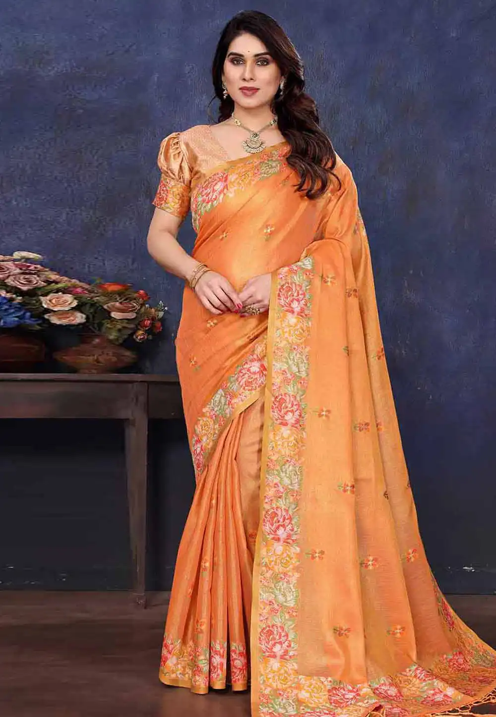 Orange Tissue Silk Saree With Blouse 316553