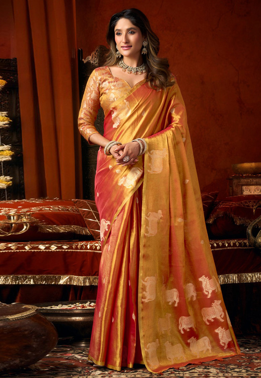 Orange Tissue Silk Saree With Blouse 328163