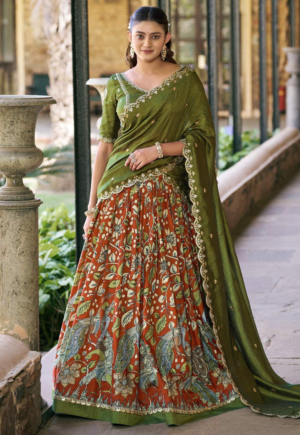 Orange Tussar Silk Floral Lehenga choli 330113