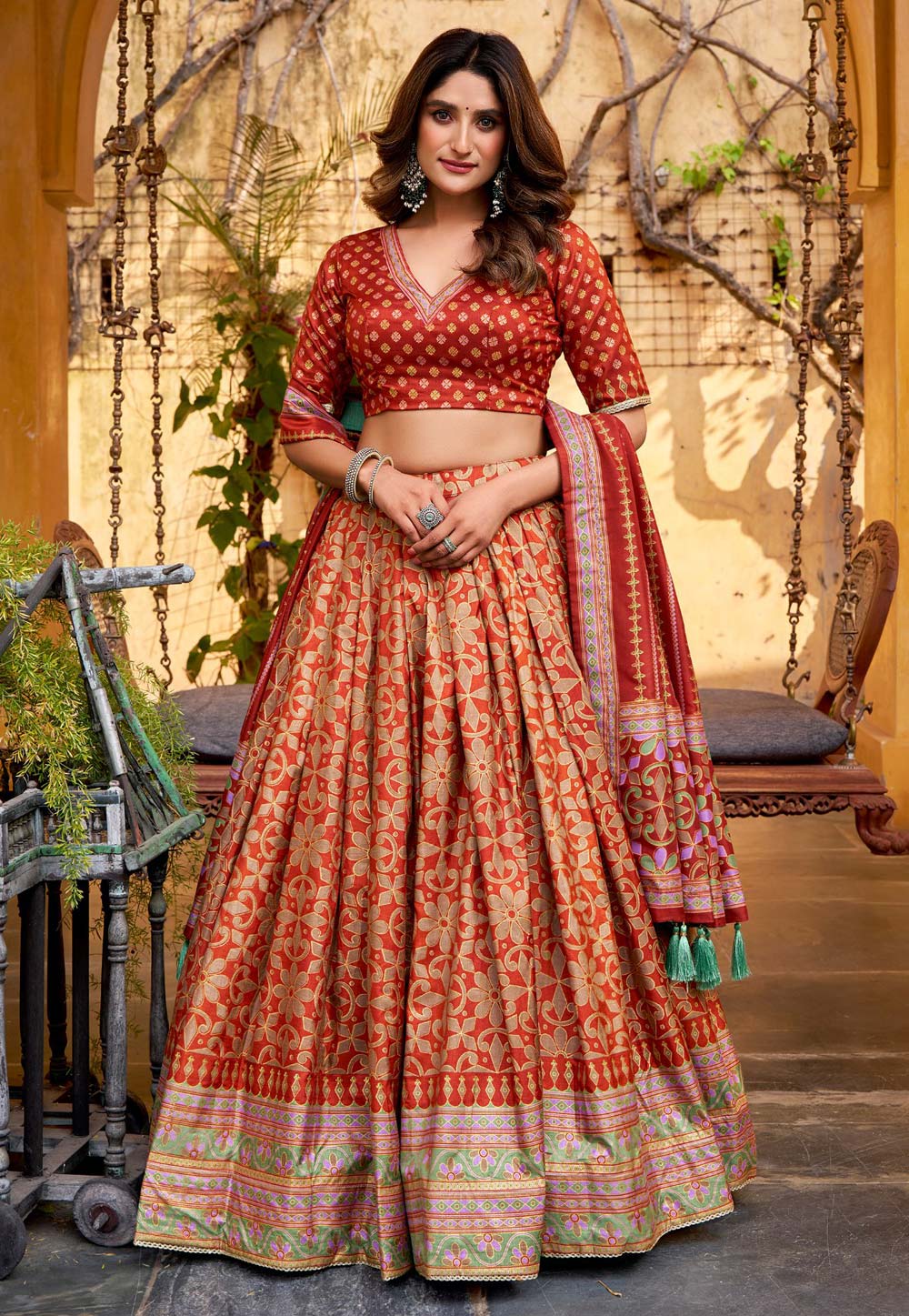 Orange Tussar Silk Lehenga Choli 322808
