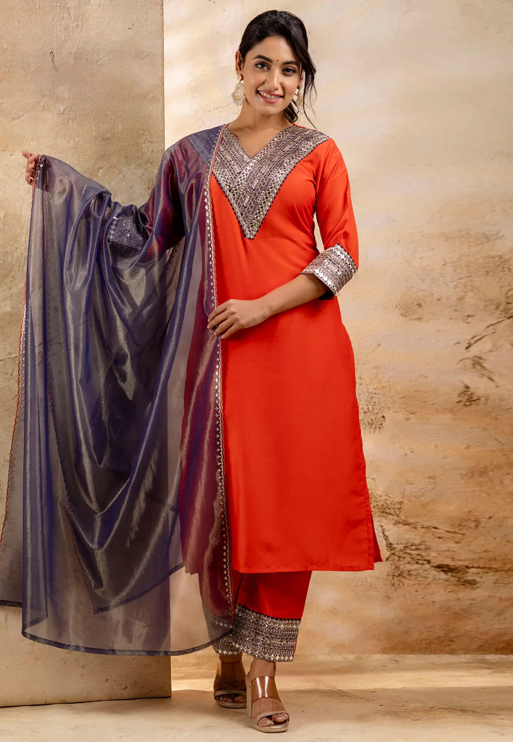 Orange Viscose Rayon Readymade Pakistani Suit 307088
