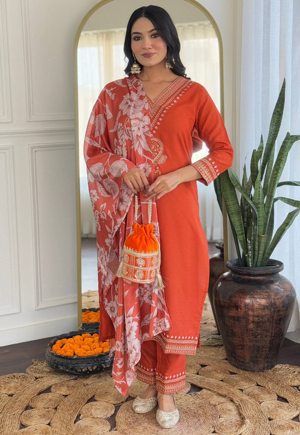 Orange Viscose Rayon Readymade Pant Style Suit 307146