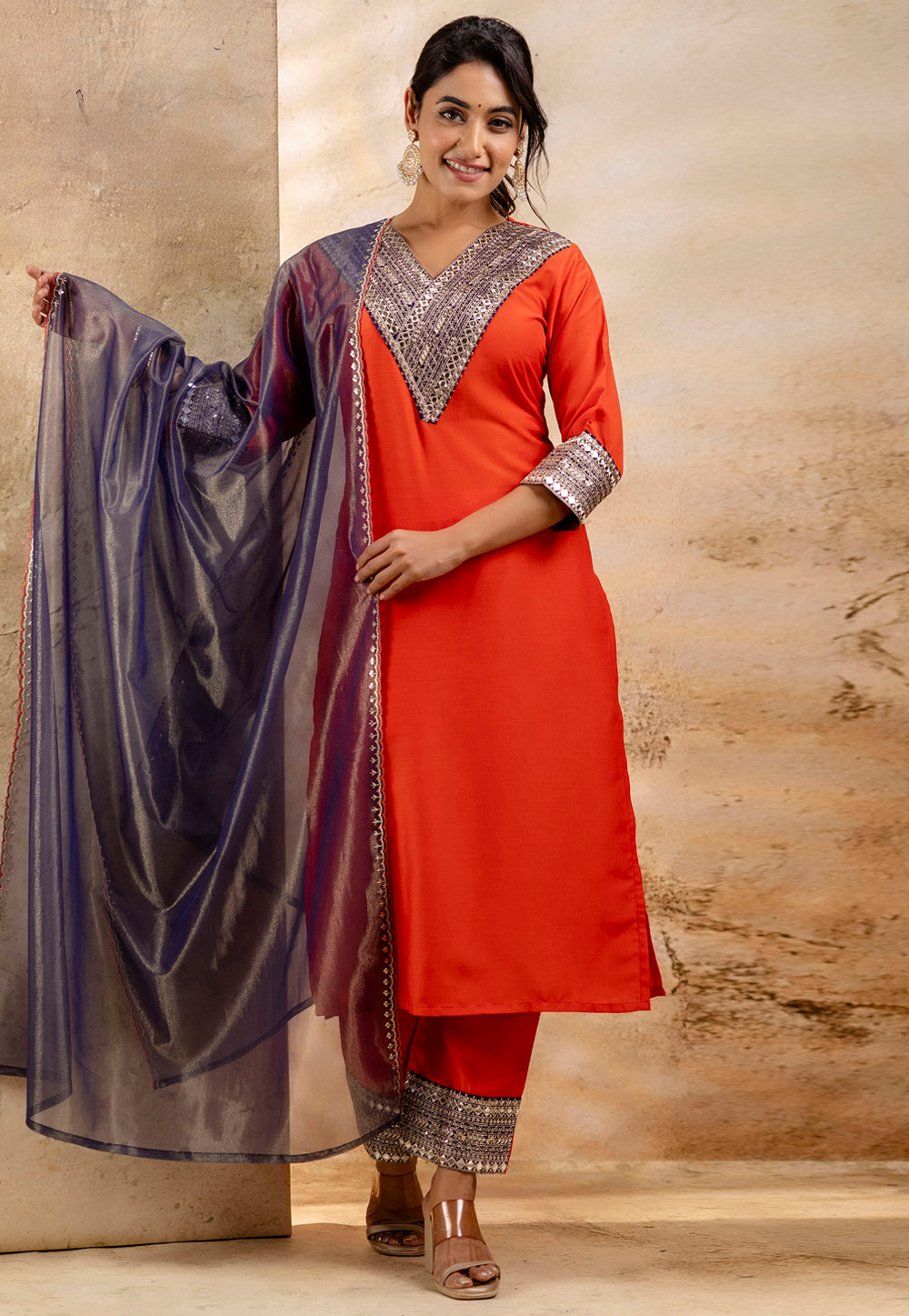 Orange Viscose Rayon Readymade Pant Style Suit 329985