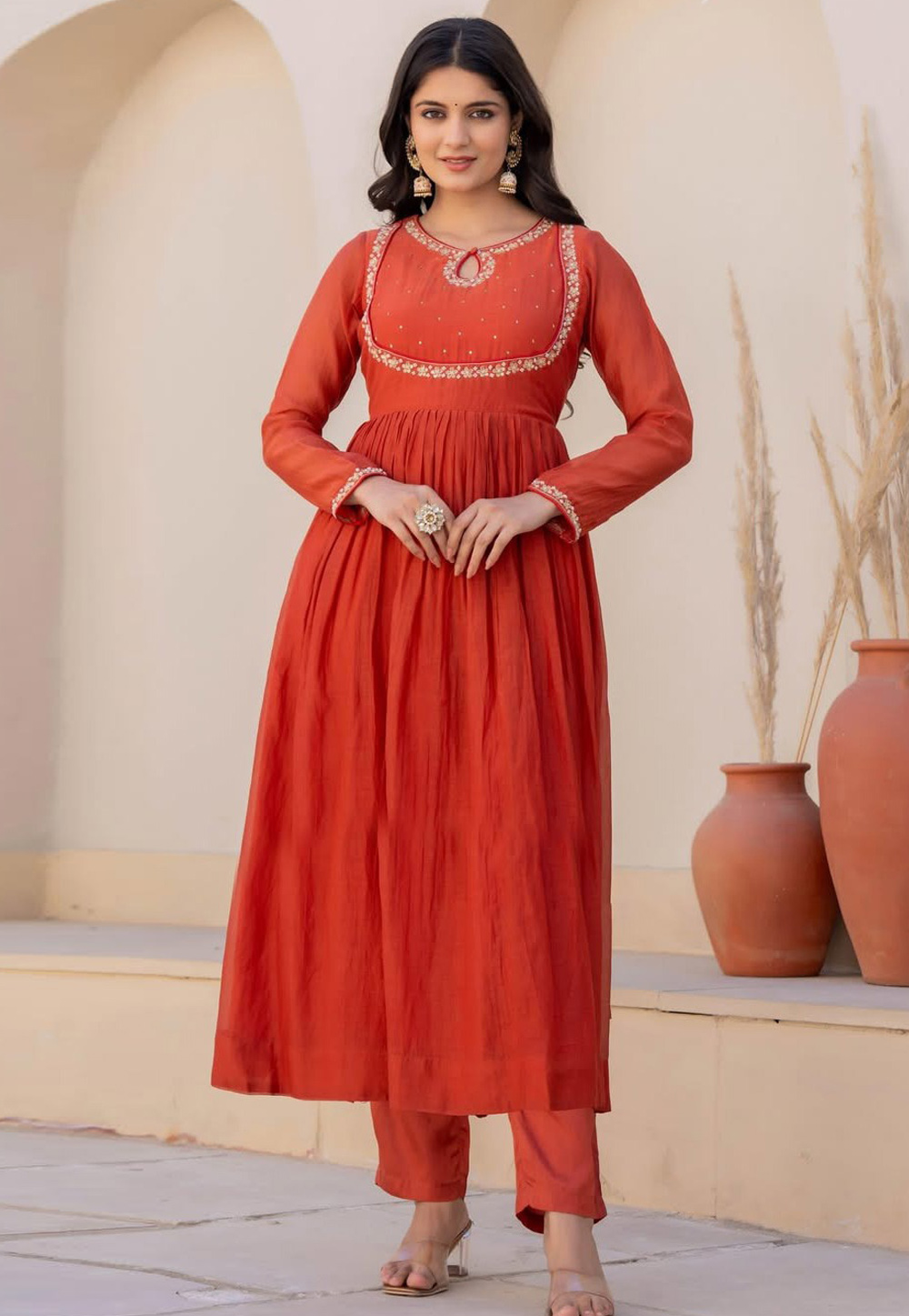 Orange Viscose Readymade Anarkali Suit 308784