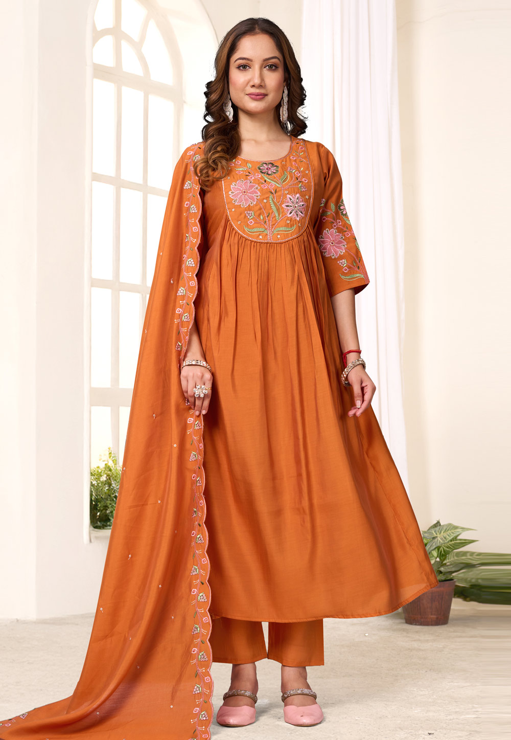 Orange Viscose Readymade Anarkali Suit 321417