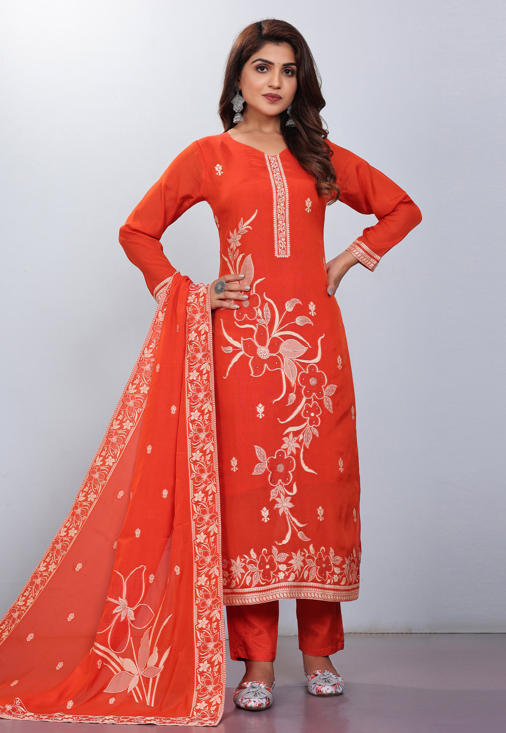 Orange Viscose Readymade Pakistani Suit 281885
