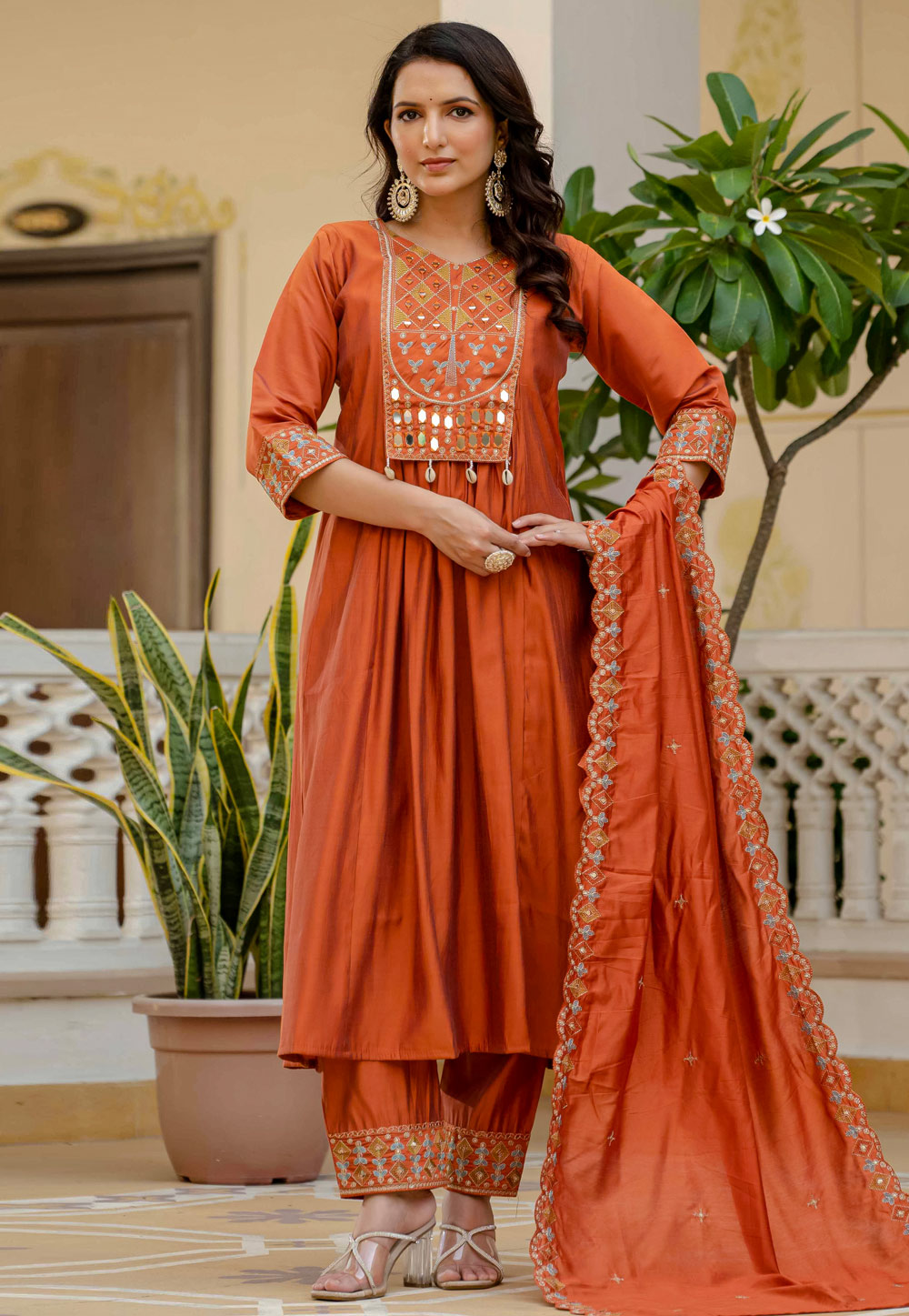 Orange Viscose Readymade Pant Style Suit 319901