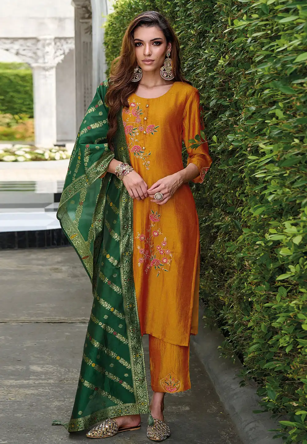 Mustard Viscose Readymade Pant Style Suit 309486