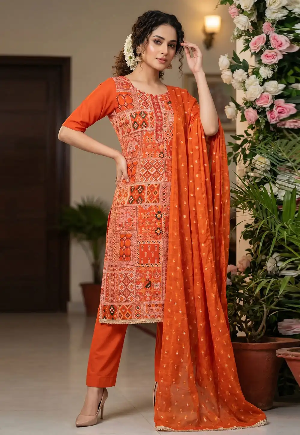 Orange Viscose Straight Suit 327704