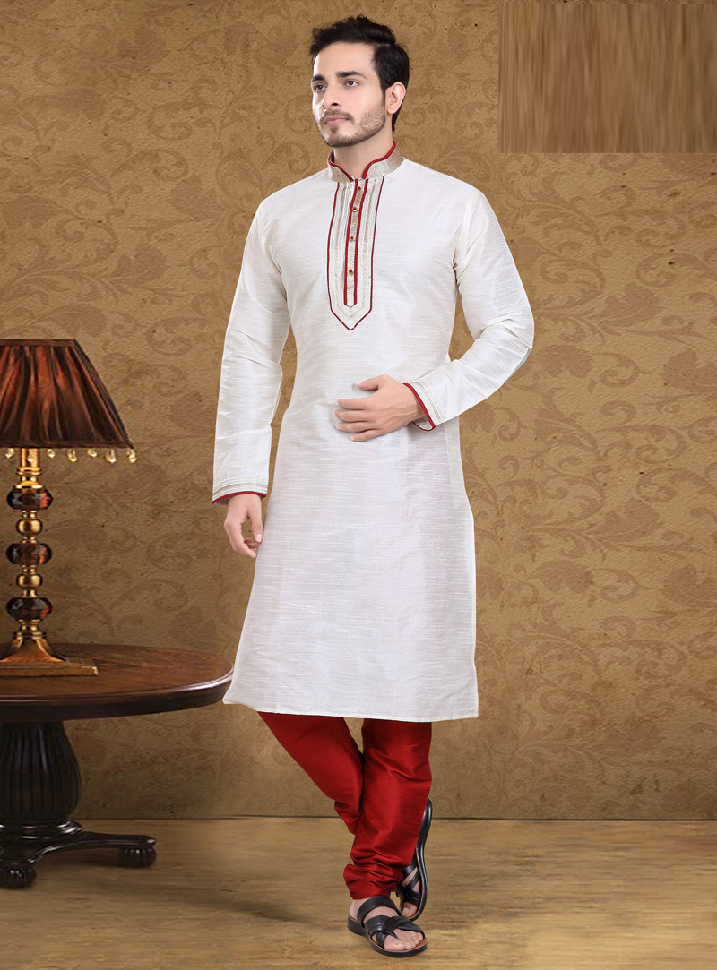 Off White Art Silk Readymade Kurta Pajama 105611