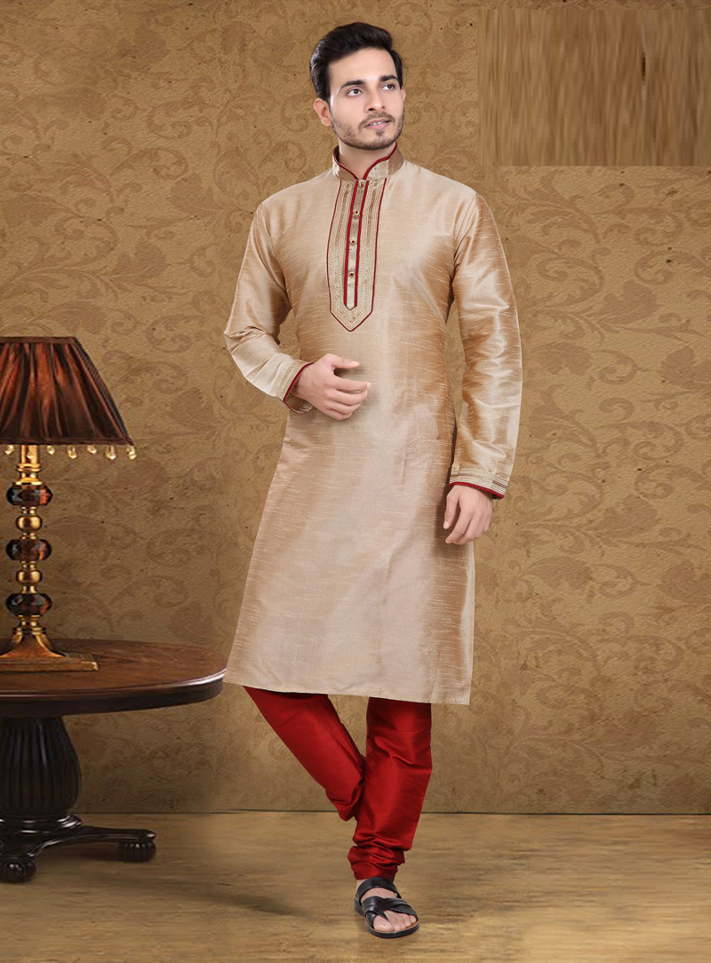 Beige Art Silk Readymade Kurta Pajama 105612
