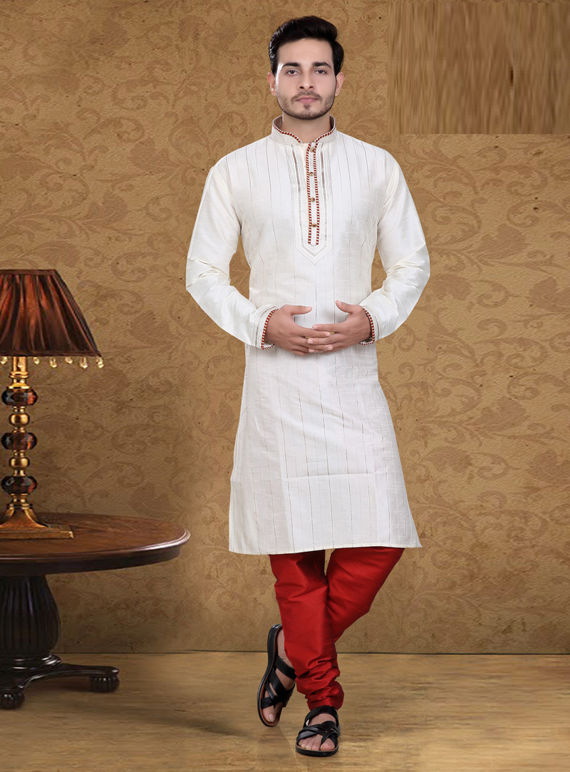 Off White Art Silk Readymade Kurta Pajama 105619