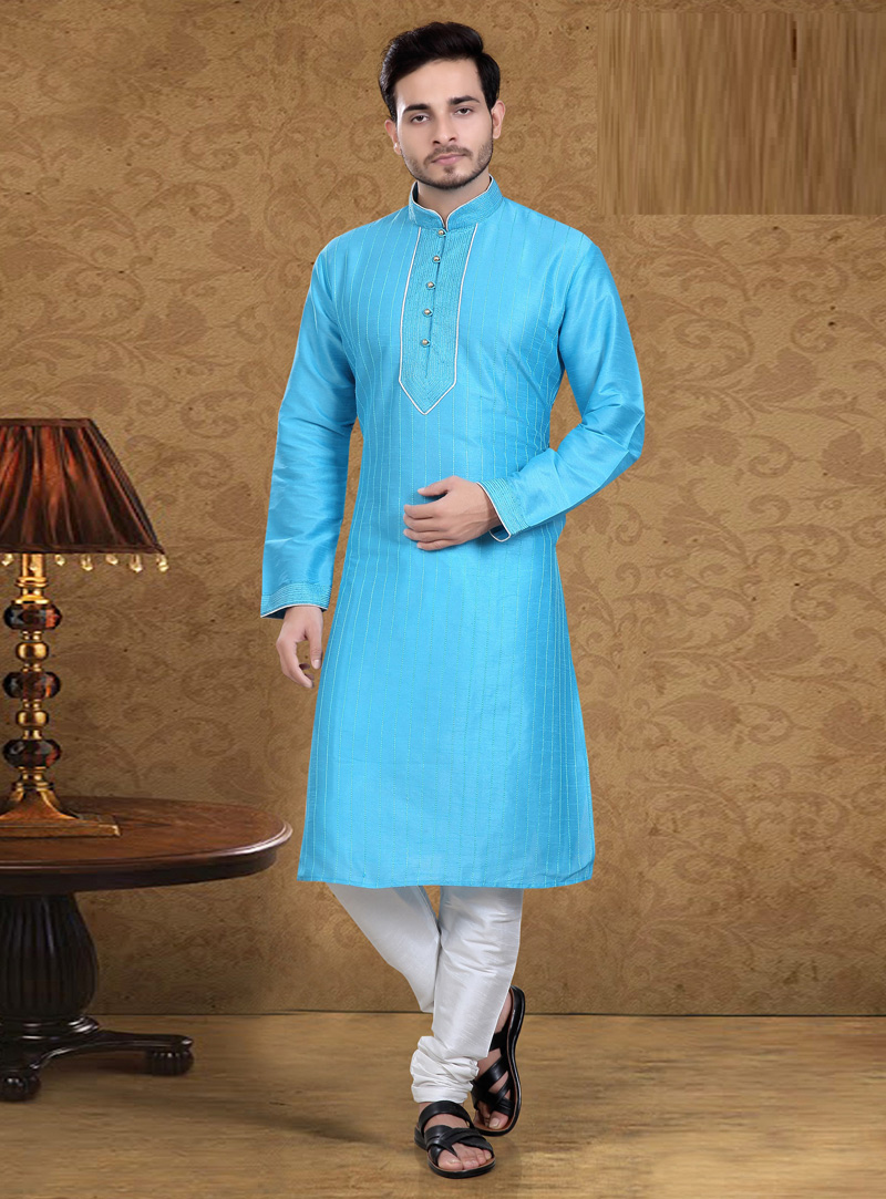 Sky Blue Art Silk Readymade Kurta Pajama 105620