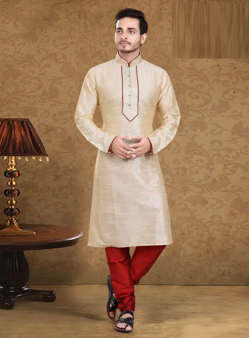 Beige Art Silk Readymade Kurta Pajama 105624