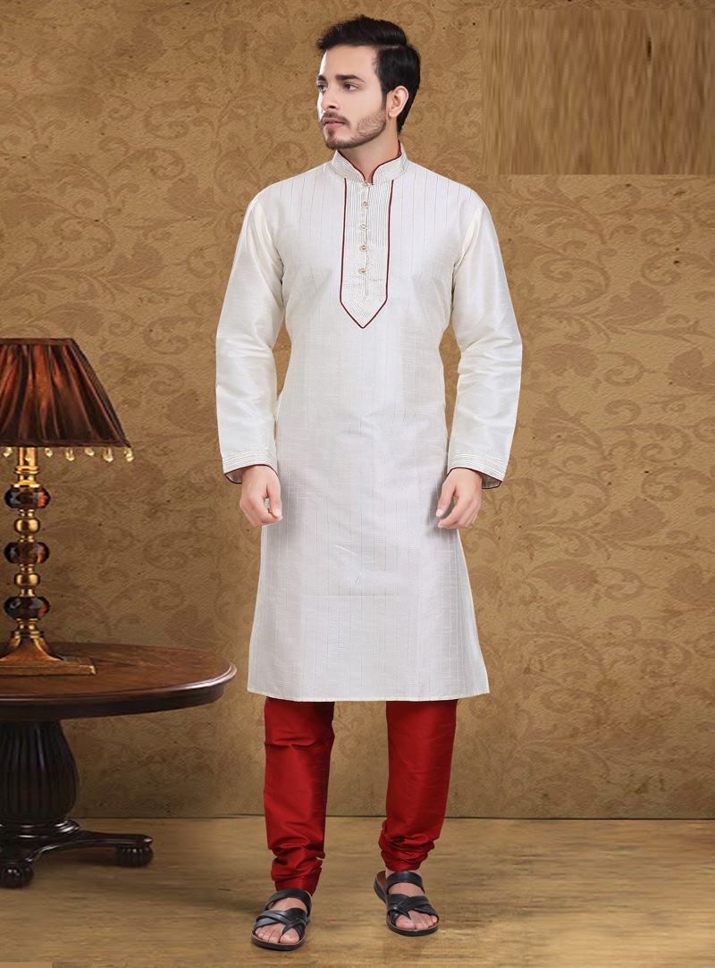 Off White Art Silk Readymade Kurta Pajama 105626
