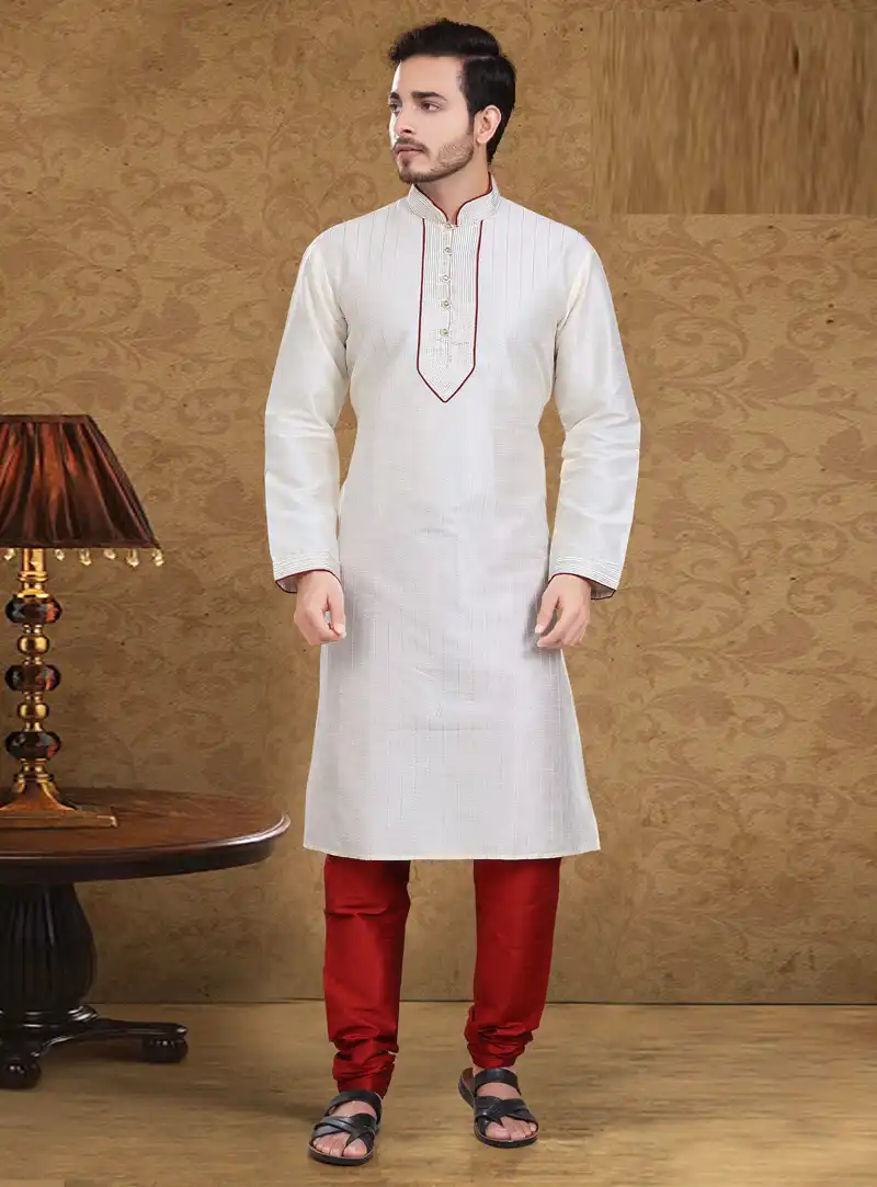 Off White Art Silk Readymade Kurta Pajama 105626