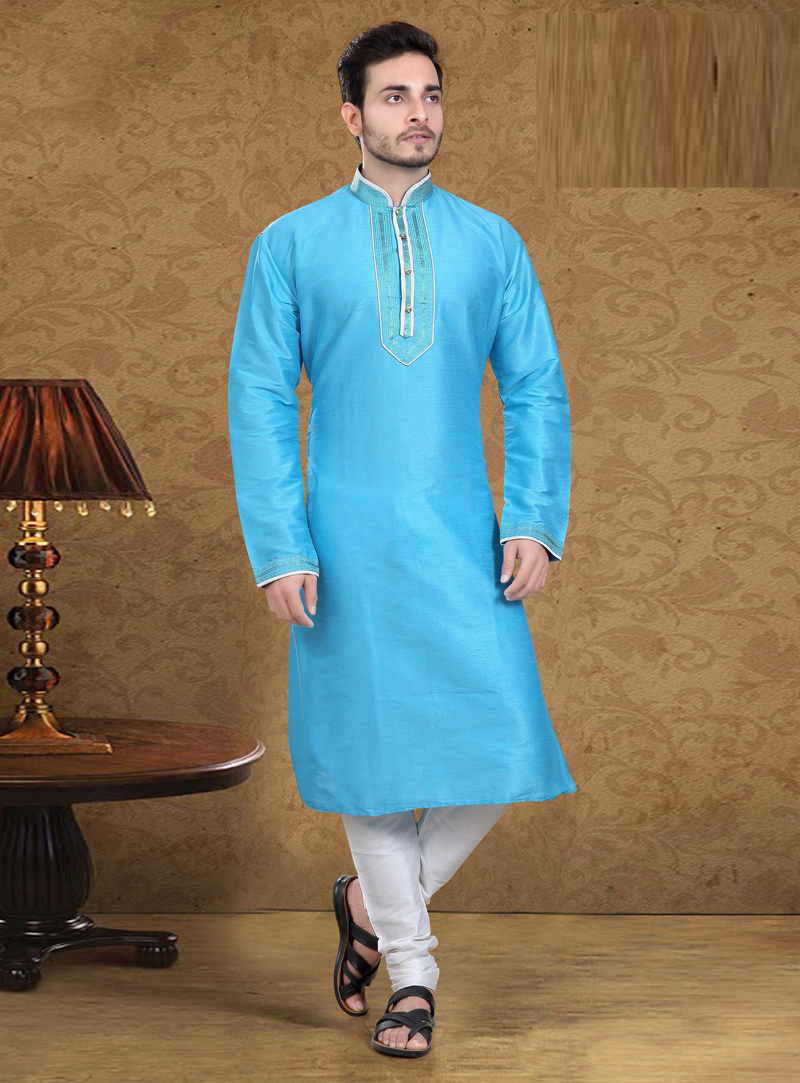 Sky Blue Art Silk Readymade Kurta Pajama 105609