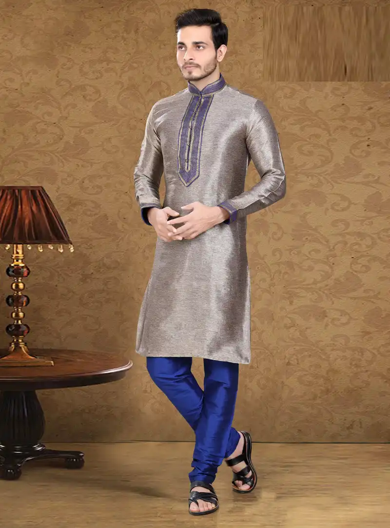 Grey Art Silk Readymade Kurta Pajama 105641