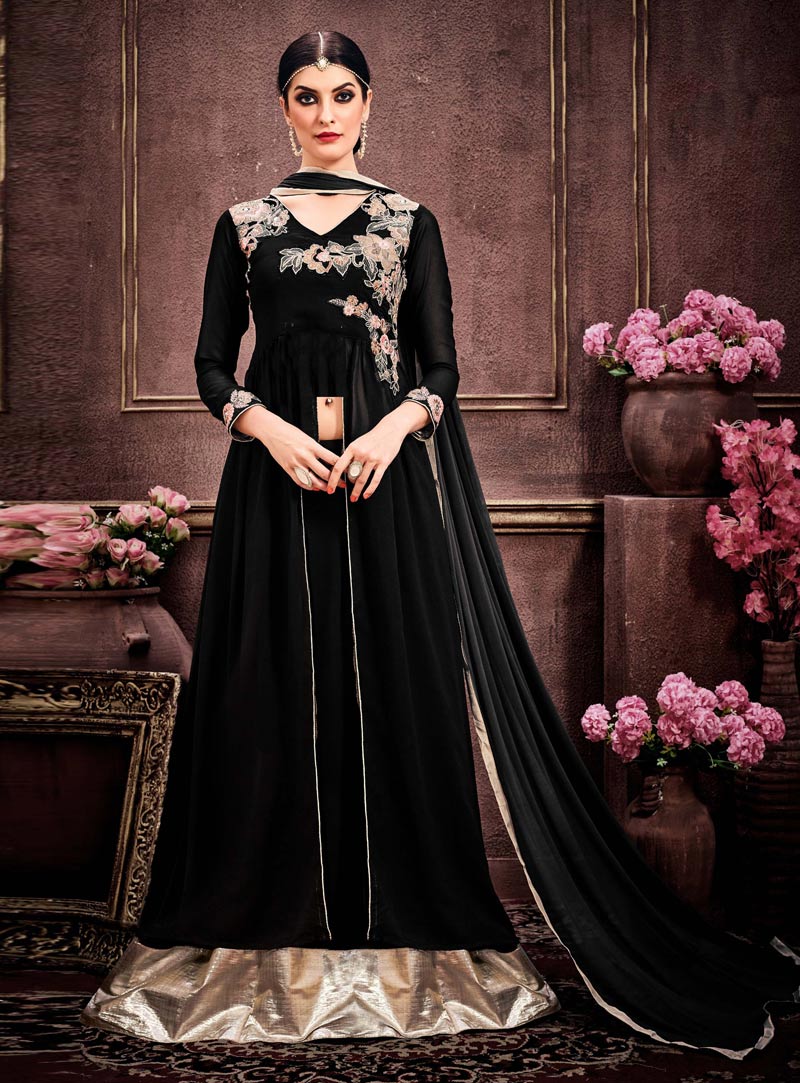 Black Faux Georgette Long Choli Lehenga 91224