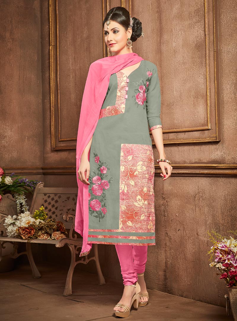 Grey Cotton Churidar Salwar Suit 91174