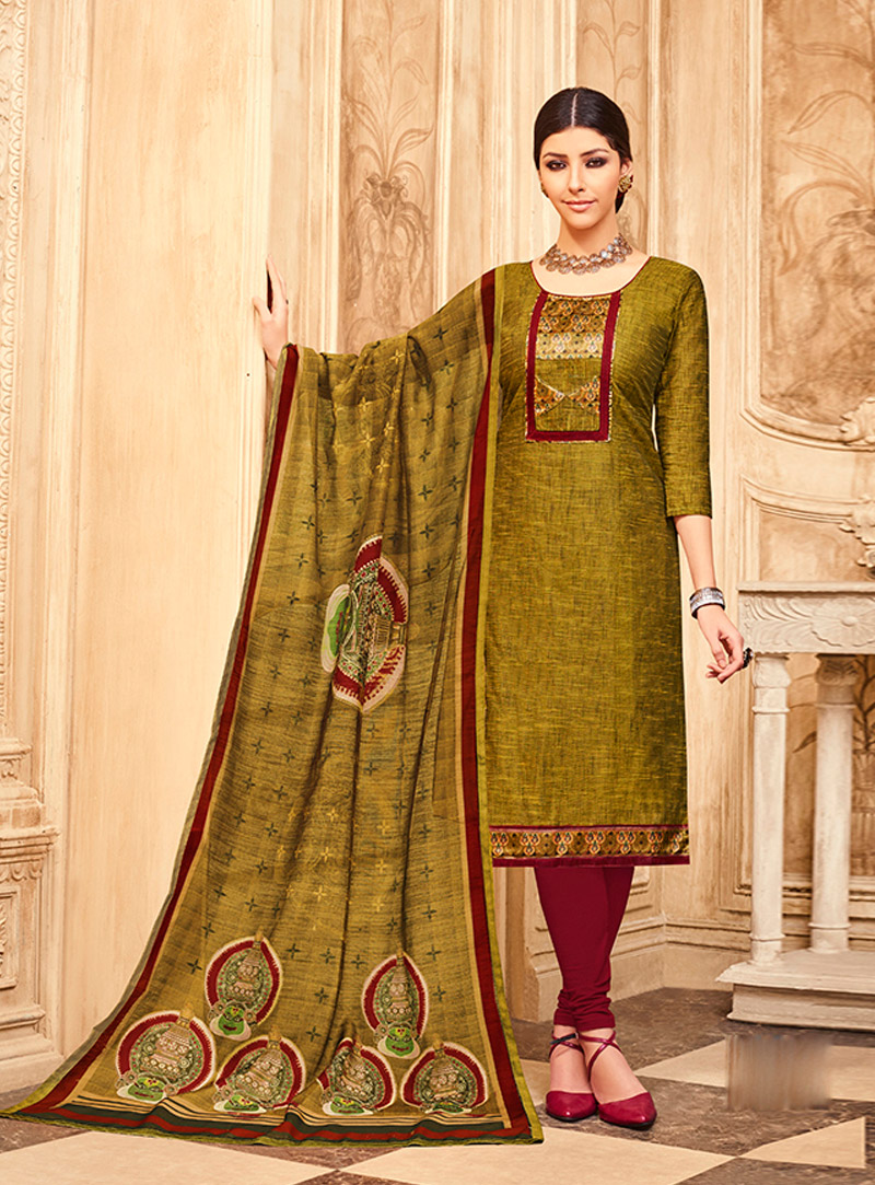 Olive Green Art Silk Kameez With Churidar 99038