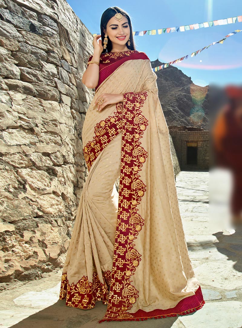Beige Satin Silk Party Wear Saree 138715