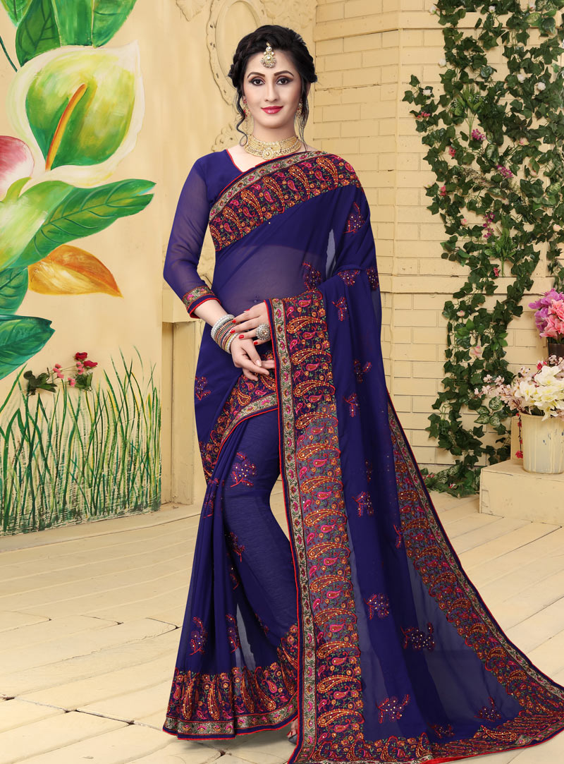 Navy Blue Georgette Festival Wear Saree 144013