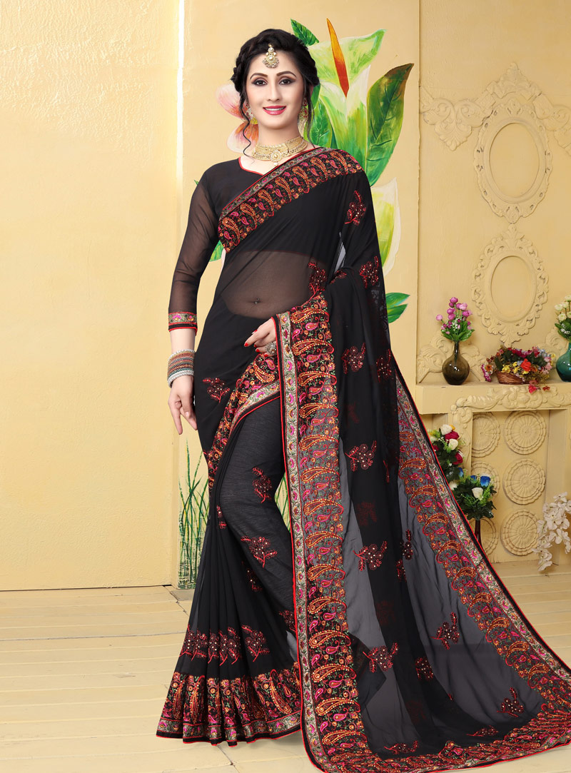 Black Georgette Festival Wear Saree 144014