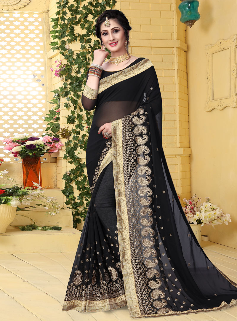 Black Georgette Festival Wear Saree 144016