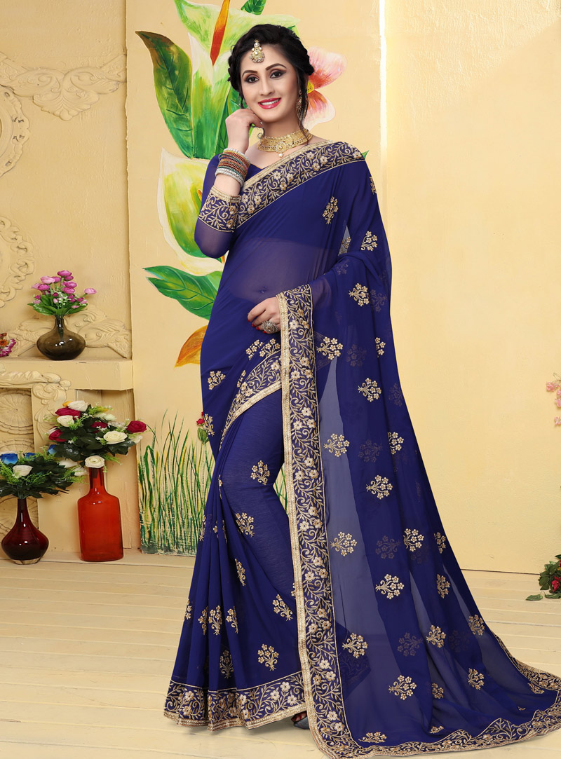 Navy Blue Georgette Festival Wear Saree 144024