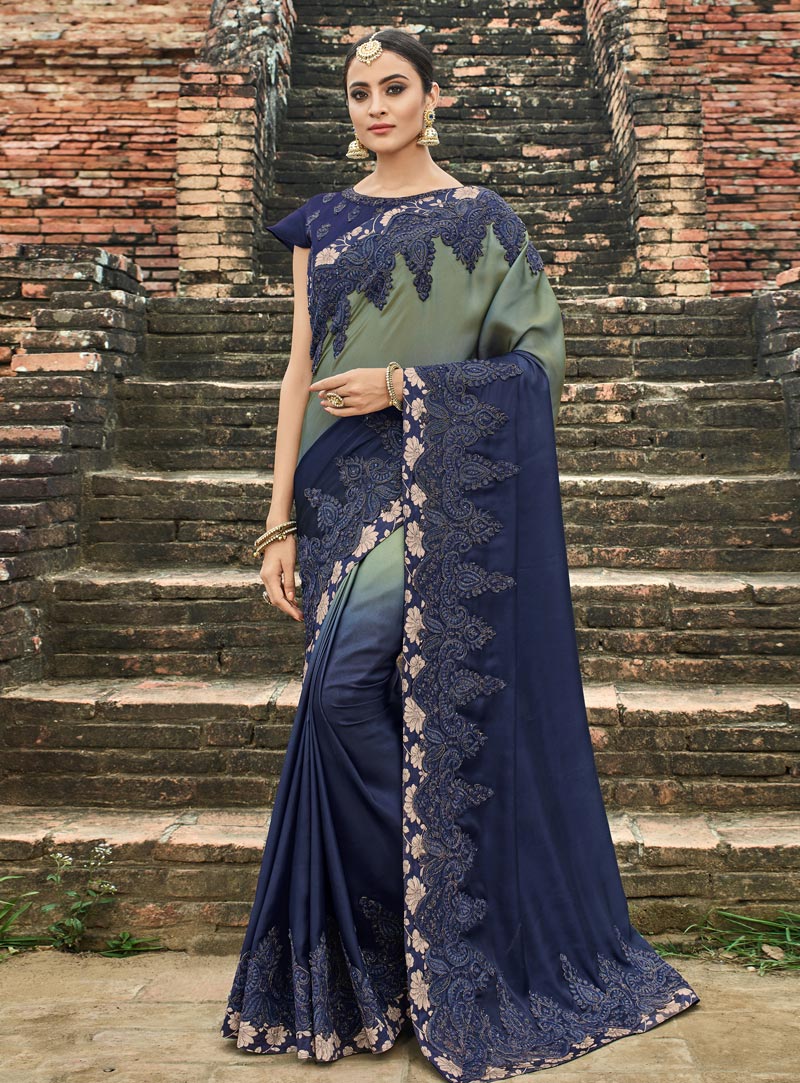 Navy Blue Satin Saree With Blouse 147816