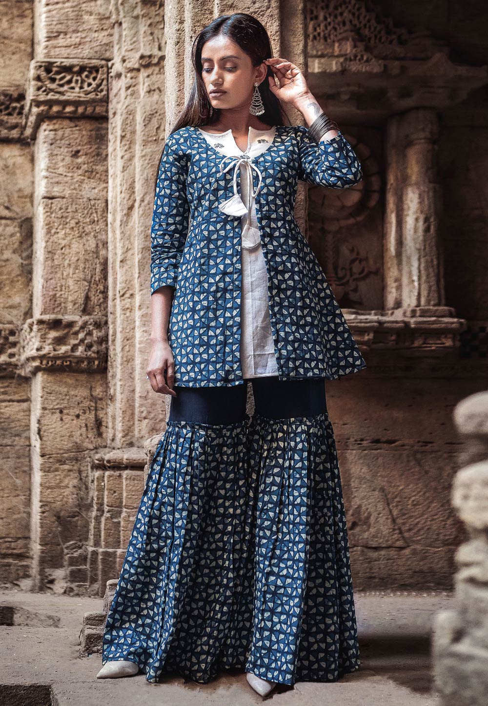 Blue Cambric Cotton Readymade Sharara Suit 157358