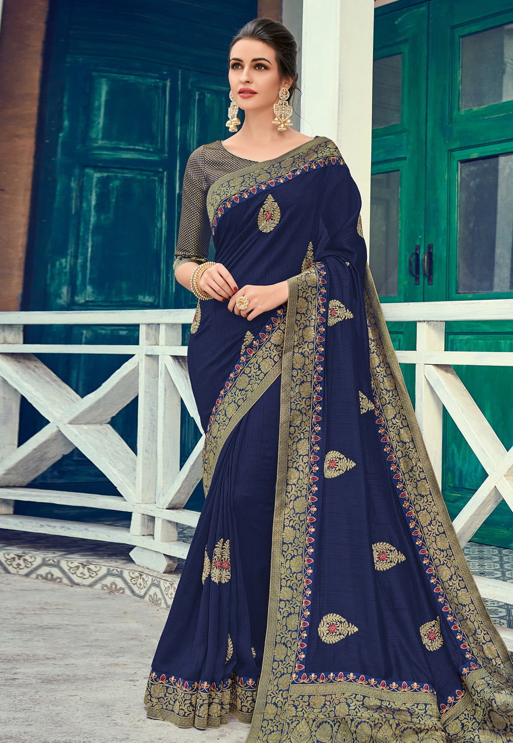 Navy Blue Art Silk Festival Wear Saree 163499