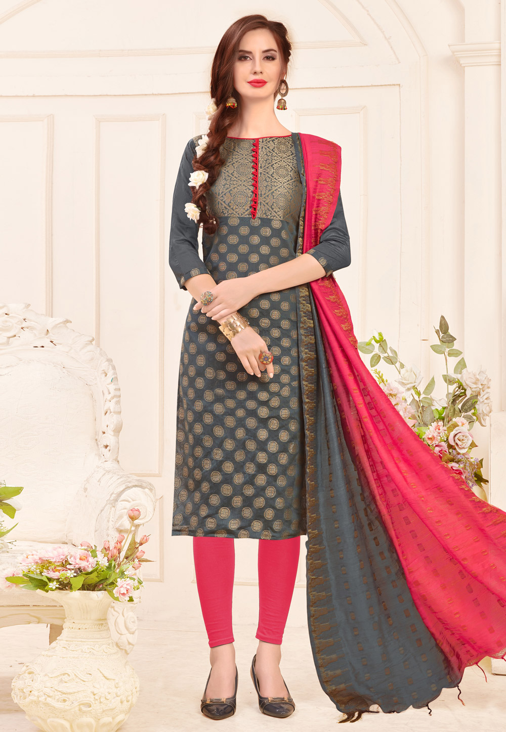 Grey Banarasi Churidar Suit 175653
