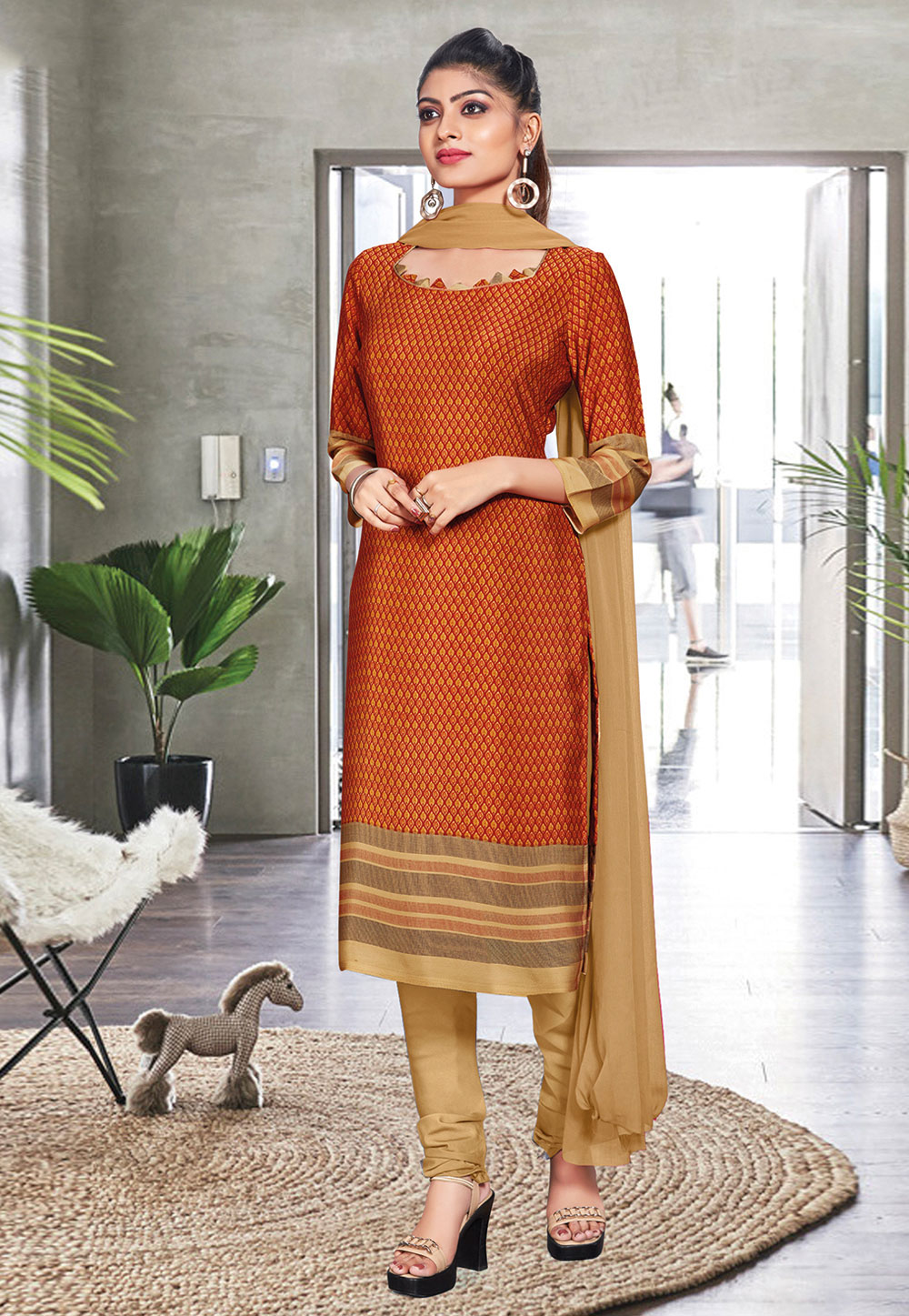 Orange Crepe Printed Churidar Salwar Kameez 179387