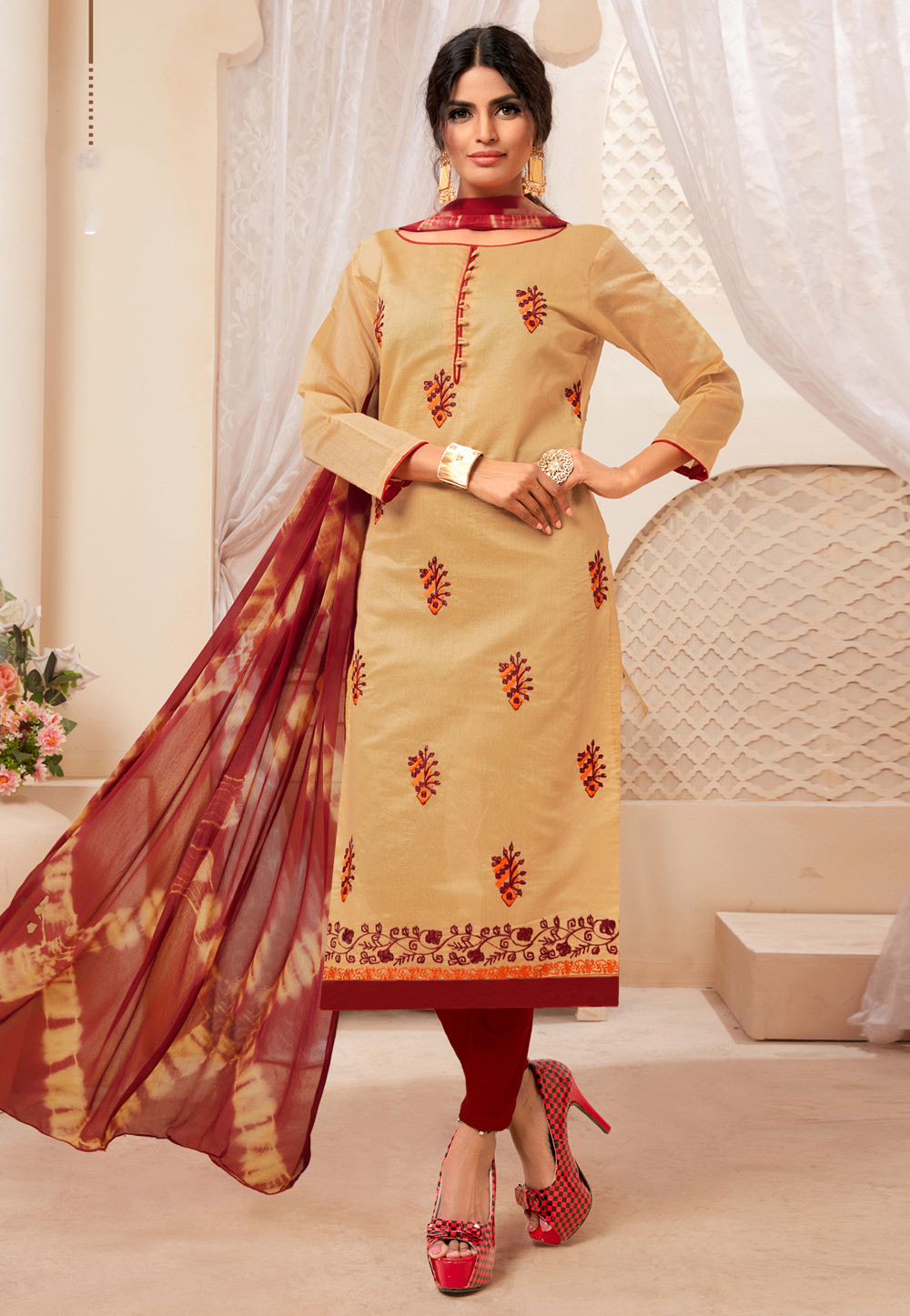 Beige Silk Churidar Suit 181197