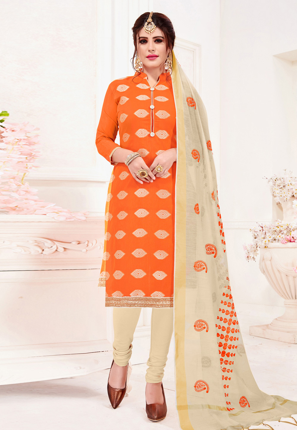 Orange Jacquard Churidar Salwar Kameez 182879