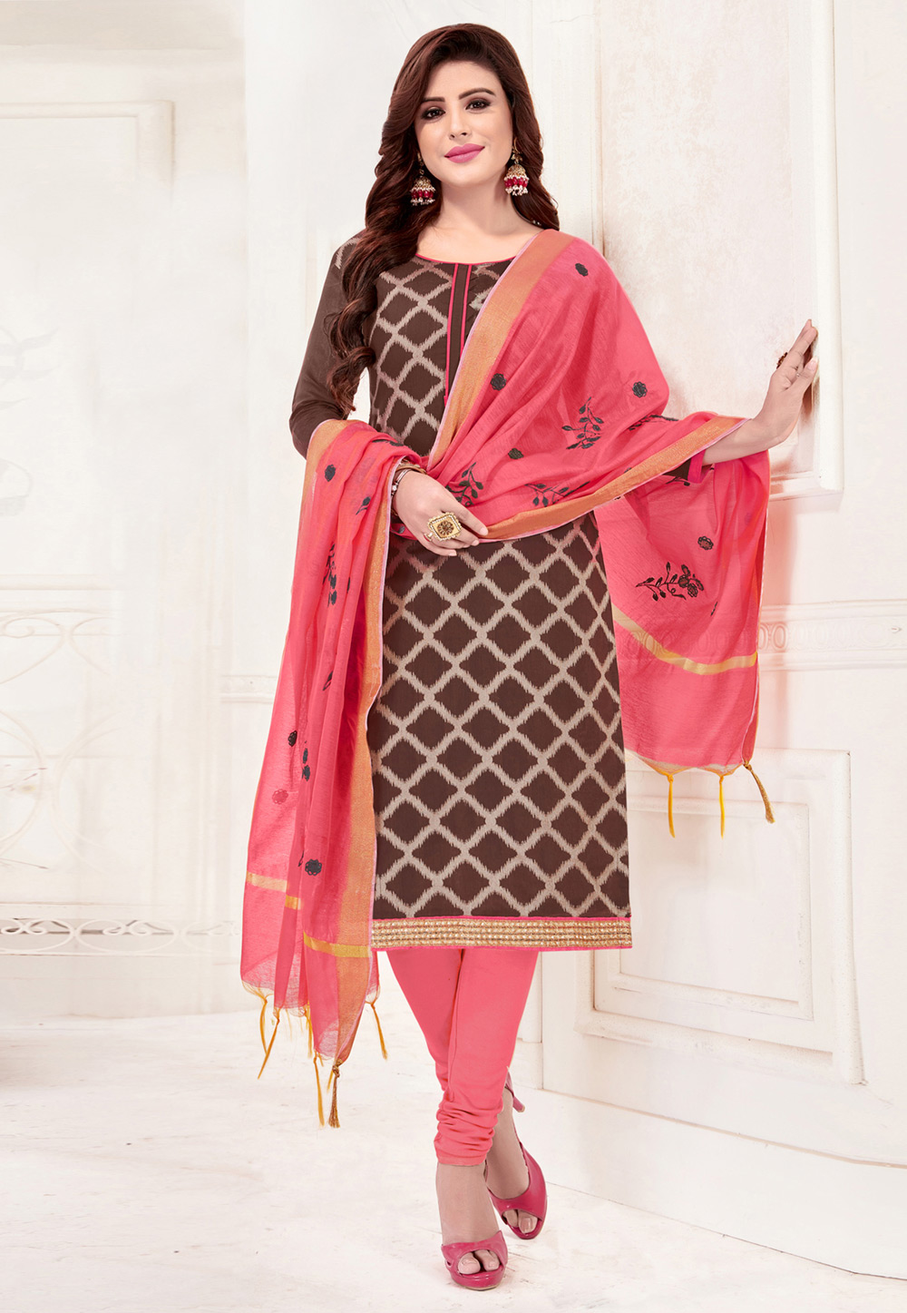 Brown Jacquard Churidar Suit 182880